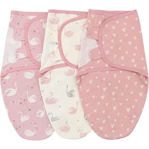 insular Baby Swaddle Wrap, Swaddle Blanket for Newborn and Infant, Adjustable Velcro Swaddling Set for Boy and Girl, Soft Cotton Baby Sleep Sack 3 Pack, Pink Swan, Small(0-3M)