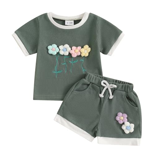 Kaipiclos Flower Embroidered Toddler Boy Girl Summer Outfit Waffled Baby Clothes Short Sleeve T-Shirt Tops Shorts Set