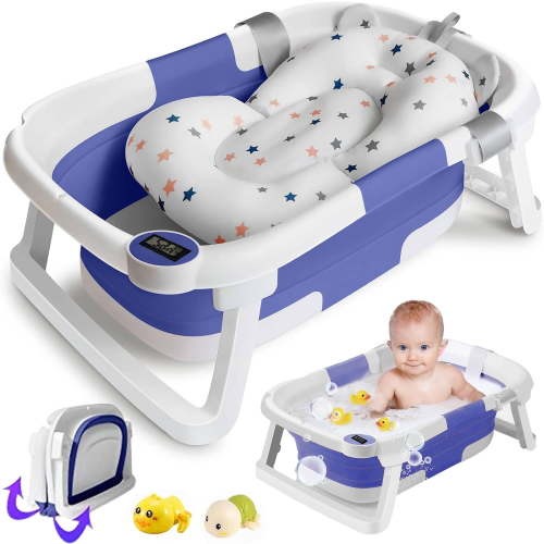 Morfone Collapsible Baby Bathtub for Newborn with Thermometer & Soft Cushion, Portable Travel Baby Tub for Infant to Toddler 0-36 Months, Blue