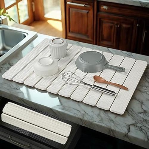 Large Stone Dish Drying Mat for Kitchen Counter, 24"x16" Quick Dry Collapsible Diatomaceous Earth Dish Drying Mat, Water Absorbent Drying Mat for Dishes Bottles Cups Bathroom, White with Grooves