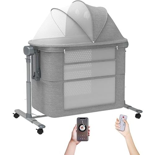 Electric Rocking Bassinet for Baby, 4 in 1 Baby Basinets Bedside Sleeper with Wheels, Automatic Bedside Bassinet with Remote Control, Crib in Bed Newborn with 10 lullabies (Light Grey)
