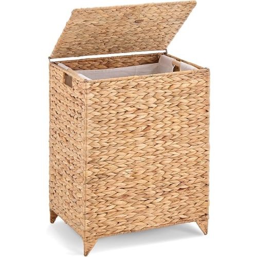 Large Laundry Hamper with Lid, Handwoven Hyacinth Rattan Clothes Hamper with Removable Liner Bag, Heightened Feet Wicker Laundry Basket for Bathroom, Bedroom, Living Room and Laundry