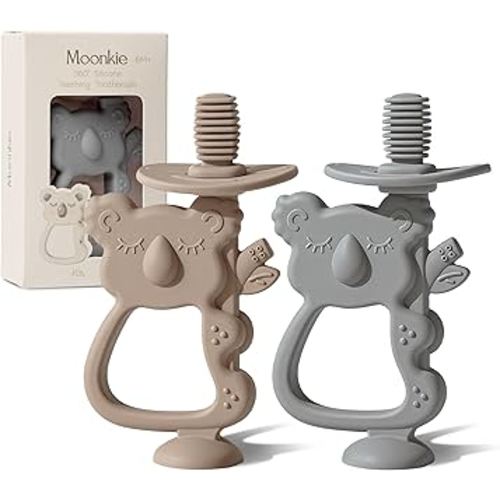 Moonkie Teething Toy Set of 2, Safe & Easy to Hold BPA Free Silicone Teethers, 360° Baby Toothbrush with Suction Base, Teether Toys Best for Babies 6-12 Months (Koala Warm Taupe/Lunar Grey)