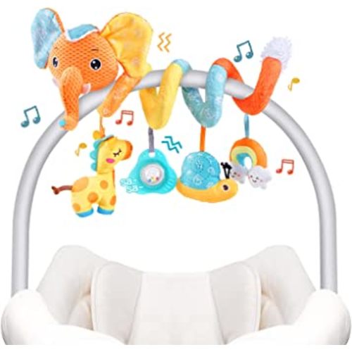 Car Seat Toys, Spiral Car Seat Toy for Infant, Baby Stroller Toys Hanging Crib Activity Toy for Car Seat Crib Bed Stroller, Rabbit Hanging Rattle Toys for Babies 0-6 Months (Orange Elephant)