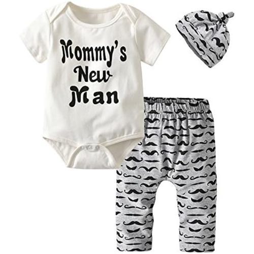Eghunooy Newborn Baby Boy Clothes Letter Print Romper Pants Hat Infant 3PCS Outfits Set