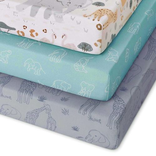 Pack and Play Sheets Fitted 3 Pack, Mini Crib Sheets for Pack N Play Mattress Stretchy Portable Playard Sheets, Soft Breathable Elephant