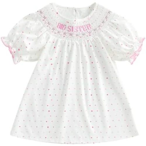 GOOCHEER Big Sister Baby Sister Matching Outfits Summer Short Sleeve Smocked Bubble Romper Plaid Smocked Dress Spring Clothes