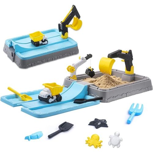 VROGTIK Kids Excavator Sandbox with Umbrella & Cover, Construction Sandbox Set with Beach Toys & Dump Truck, Outdoor Educational Play Set for Toddlers Ages 3-12