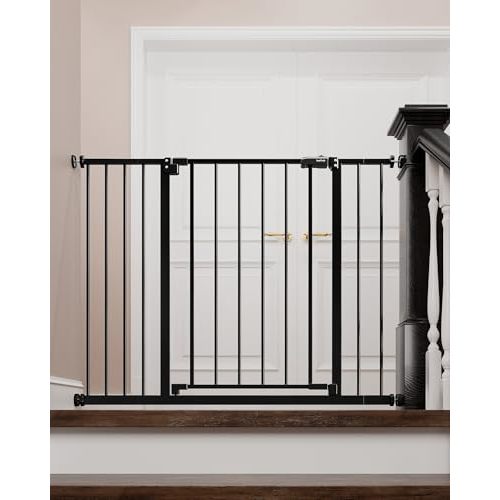 InnoTruth Baby Gate for Stairs 28.9-42.1" Wide, 30" Tall Easy Step Walk Through Expandable Dual Lock Dog Gates for The House,Pressure Mounted Easy Install Pet Gate for Doorways, Black
