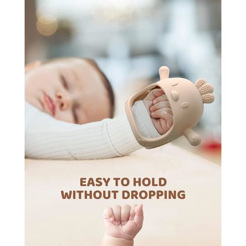 2 Packs Baby Teething Toy Silicone Teething Mitten for Babies Over 3 Months Anti Dropping Wrist Hand Teethers Baby Chew Toys for Sucking Needs, BPA Free - Pink & Caramel