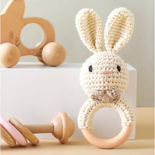 Wooden Baby Rattle 3 PCS Push Car Rattle Set Crochet Rattle Ring Wooden Montessori Toy for Newborn Infant Baby Gifts (Rabbit Rattle)