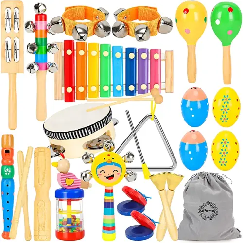 Ehome Musical Instruments Toys for Toddlers 1-3, Baby Kids Musical Instruments, Wooden Percussion Instruments Preschool Educational Musical Toys Set for Boys and Girls Gifts with Storage Bag