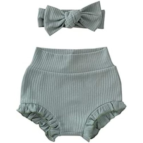 Newborn Infant Baby Girls Ruffle Bloomer Shorts Elastic High Waist Bloomers PP Pants with Headband Set