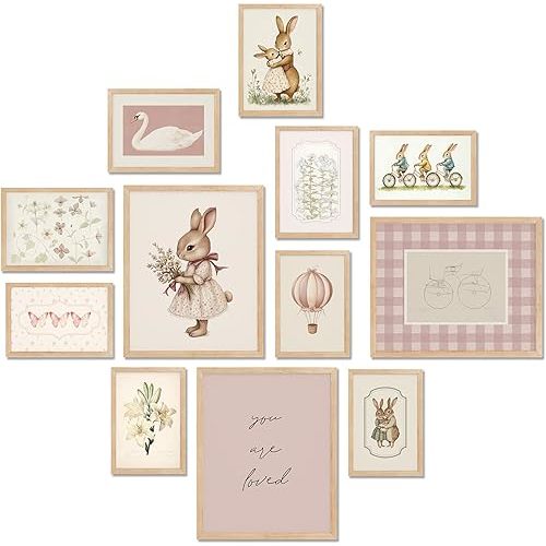 TwoDays Vintage Nursery Decor for Baby Girls, Pink Rabbit Bunny Wall Art for Toddler Kids Playroom, Swan Animals Posters for Bedroom (Multi Sizes, Set of 12, 8" X 10" Largest, UNFRAMED)