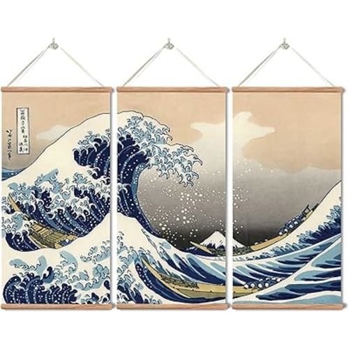 xinyuru Japanese Traditional Art The Great Wave Off Kanagawa by Hokusai,Hanging Poster with Wood Frames,Ready to Hang Decorative Wall 16''x32'' x 3 Piece Set