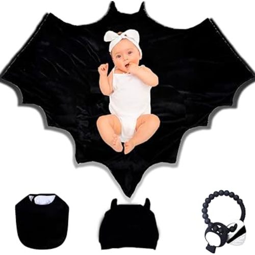 Multi-Use Bat Baby Blanket Set - Black Hat with Ears, Bib, and Swaddle - Witch, Goth & Spooky Themed Baby Stuff (4PCS)