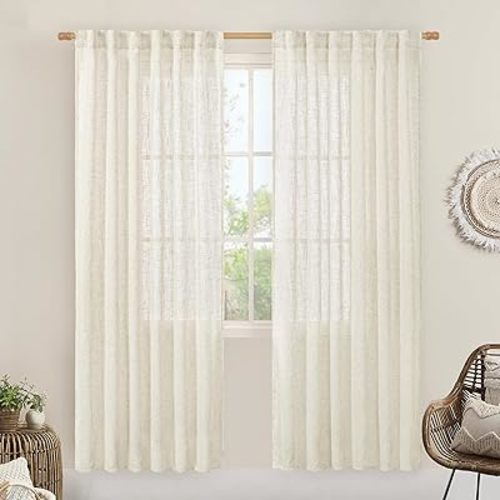 LAMIT Natural Linen Semi Sheer Curtains 80 Inch Length, Light Filtering Neutral Window Curtains Farmhouse Boho Back Tab and Rod Pocket Panels, Natural Cream Ivory, 2 Panels, 52 x 80 Inch