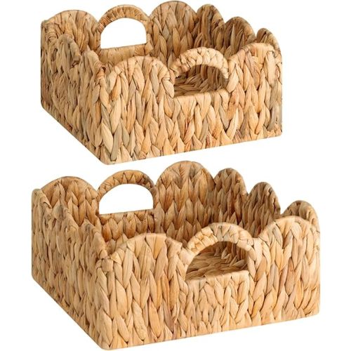 StorageWorks Scalloped Wicker Basket, Nursery Basket with Handles, Woven Rattan Baskets for Organizing, Scalloped Edge Basket Shelf Decorative, Water Hyacinth Bathroom Living Room Organizer, Set of 2