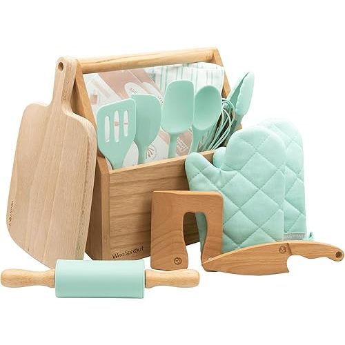 WeeSprout Little Chef Kids Cooking & Baking Set, 14 Piece Cooking Set with Real Kitchen Tools & Kids Apron, Baking Gift for Girls, Boys & Junior Chefs, Food Grade Materials, Choice of Colors