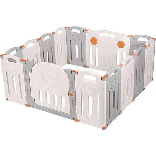 LIVINGbasics Foldable Baby Playpen, 14-Panel Kids Activity Center Playard with Locking Gate, Adjustable Shape, Portable Design for Indoor Outdoor Use