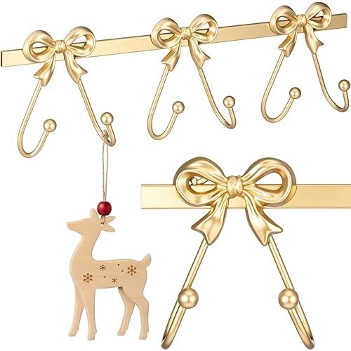 6 Hooks Bow Wall Hook Hanger, Metal Mounted Functional Hooks, Gold Wall Decorative Coat Rack for Robes Coats Bags Hats Towels Home Valentine Bathroom Living Room Office