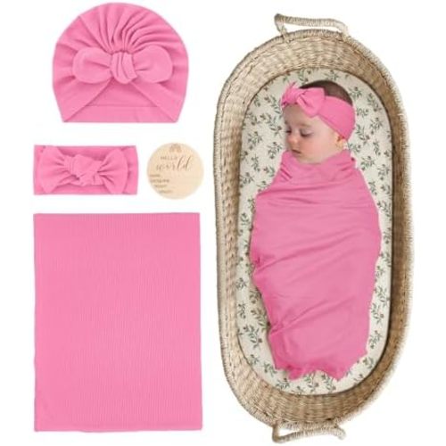 Stretchy Baby Swaddle Blanket and Headband Set, Newborn Receiving Blankets with Matching Hat for Nursery Swaddle Wrap