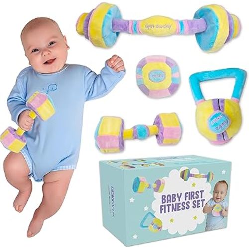 Skywin Baby Weights Photo Props - Dumbbell, Kettlebell, Barbell, and Plush Medicine Ball Workout Toys (Purple)