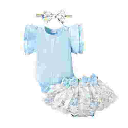 Kucnuzki 3 Months Newborn Baby Girl Clothes Romper Shorts Set 6 Months Fly Sleeve Pure Color Casuak Rompers Top Elastic Floral Mesh Panel Shorts Headband 3PCS Set Blue