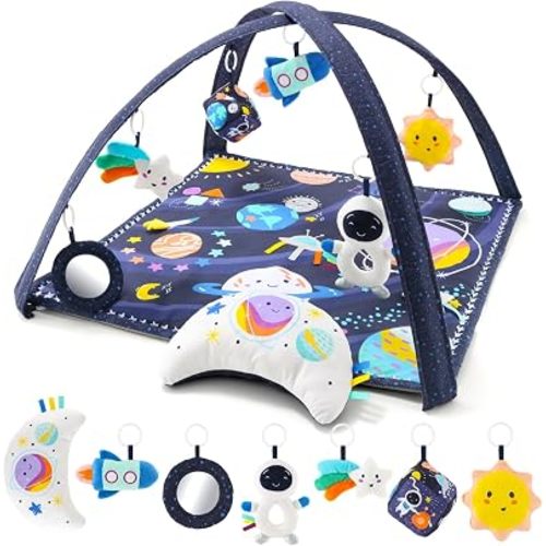 The Peanutshell Unisex Baby Play Gym & 7-in-1 Play Mat - Playmat Baby Toys 0-6, 6-12 Months Tummy Time Mat with Hanging Toys, Soft Padded Mat for Newborns, Infants - Space