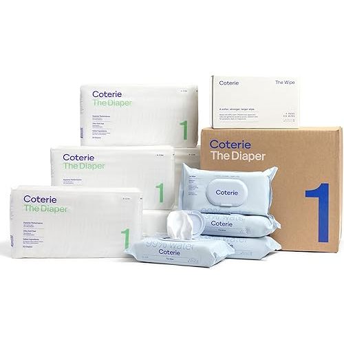 Coterie Baby Diapers + Wipes Baby Kit, Size 1 (8-12 lbs) 198 Count + 4 Wipe Packs (224 Wipes) Made with Plant-Based Fibers, Hypoallergenic, Designed for Sensitive Skin, Clean Ingredients