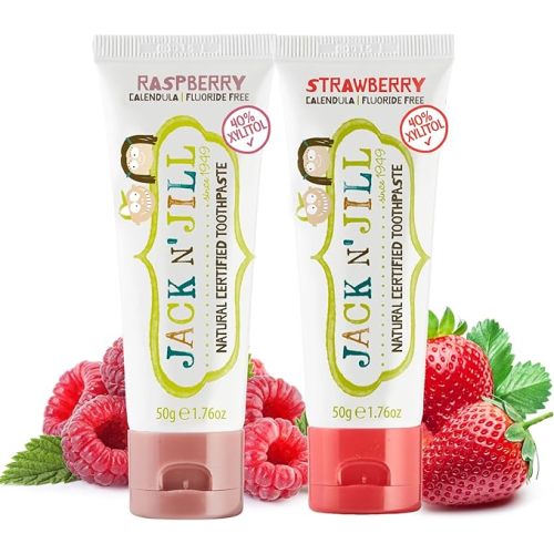 Jack N' Jill Natural Toddler Toothpaste - Fluoride Free Training Toothpaste for Toddlers 1-3, 40% Xylitol, BPA Free - Strawberry & Raspberry, 1.76 oz (2 Pack)