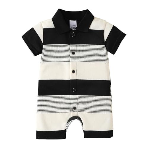 DEFAHN Baby Boy Polo Striped Romper Short Sleeve Solid Bodysuit Jumpsuit Collared Infant One-Piece Outfit