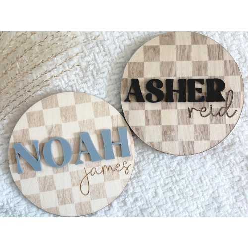 Baby Announcement Birth Sign For Newborn Baby Checkered Birth Sign Wooden Baby Sign For Hospital Baby Name Sign Engraved Wood Sign Custom