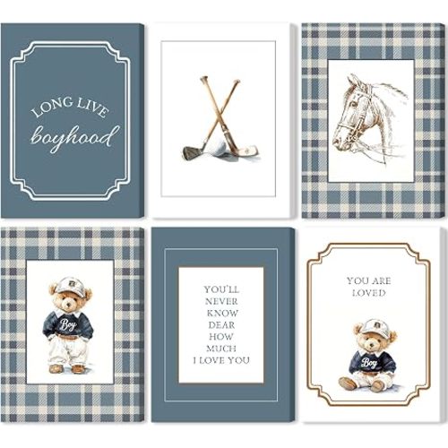 6 Pcs Boy Teddy Bear Nursery Wall Art Blue Long Live Boyhood Wall Decor Pictures Lattice Horsehead Golf Canvas Posters Prints for Boys Kids Toddler Room Home Decoration 8x10 in