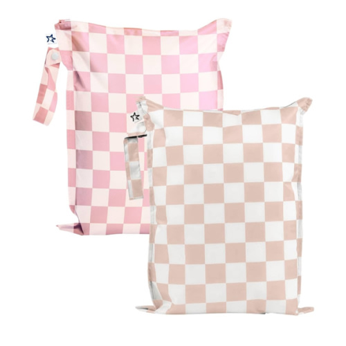Tiny Twinkle Mess-Proof Waterproof Wet Dry Bag | 2-Pack Reusable Wet Bags for Swimsuits & Baby Clothes | Leakproof Wet Bag for Travel & Diaper Changes for Baby (Pink, Brown Checkers)