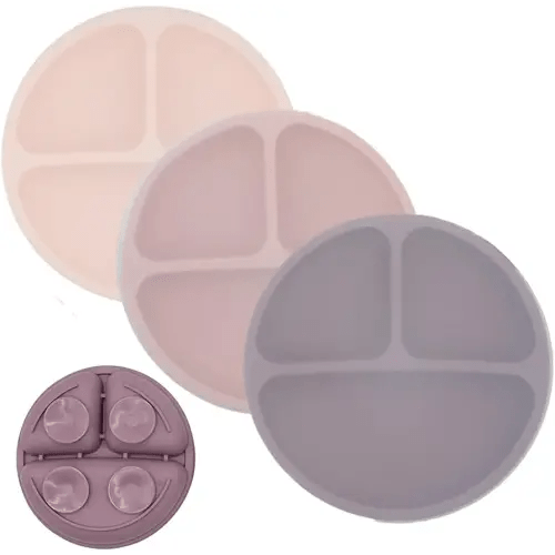 WeeSprout Suction Plates with Lids for Babies & Toddlers, 100% Silicone Dinnerware Stays Put, Divided Design for Picky Eaters, Microwave & Dishwasher Friendly, 3 Pack (Matte Pink, Purple, Blush Pink)