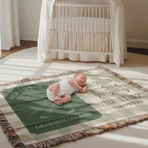 Personalized Golf Milestone Blanket – Custom Name Woven Baby Blanket New to the Club Sage Gingham Nursery Decor