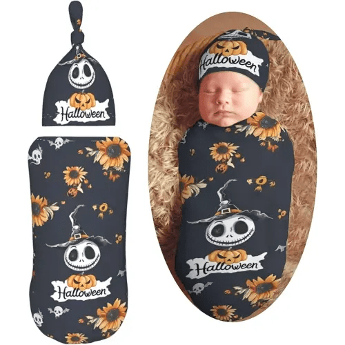 Halloween Pattern in Black Skulls Newborn Swaddle Blanket Soft Unisex Infant Swaddle Wrap Blanket Baby Receiving Blanket with Beanie Hat for Boy and Girl