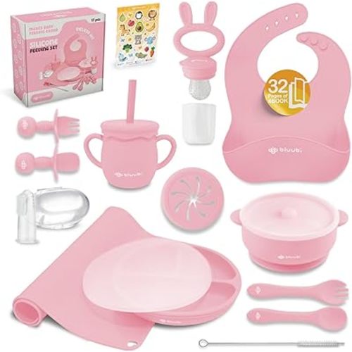 Silicone Baby Feeding Set - Infant Tableware for First Foods & Baby, Led Weaning (0+ Months), Easy to Clean, Durable, Perfect for Baby Boy or Girl, Solid Feeding - Pink - Deluxe