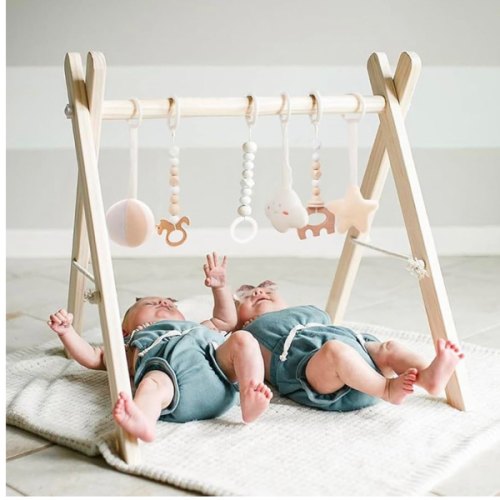Wooden Baby Gym with 6 Gym Toys, Foldable Baby Play Gym, Natural Pine Wood Play Gym, Frame Activity Center Hanging Bar, Wooden Play Gym