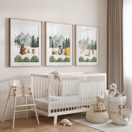 Camping animals' nursery wall decor | Mountain nursery decor | Forest animal prints | unframed set of 3 watercolor nursery prints | green