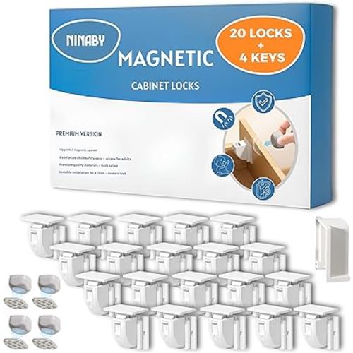 Magnetic Cabinet Locks Baby Proofing 20 Locks + 4 Keys – NINABY Ultra-Strong Child Safety Locks for Cabinets & Drawers Up to 1.5" – No Drill – 3M Adhesive – Invisible Installation