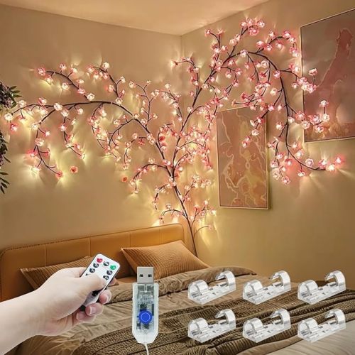 Cherry Enchanted Willow Vine Lights, Cherry Blossom LED Tree Branch Lights for Wall, 4FT 48 LED, Remote Timer, 8 Light Model, for Bedroom Wall Doors Windows Wedding (7.5FT 144LED)