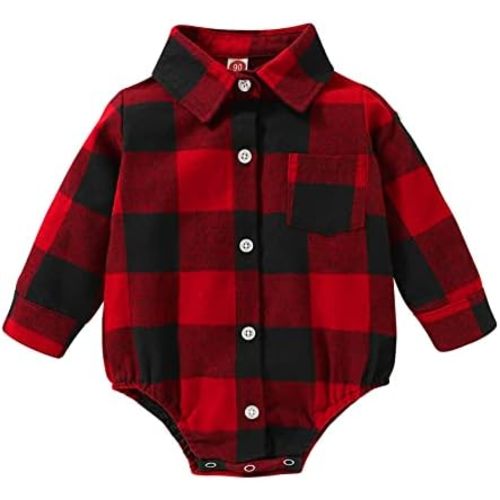 HAPPYMA Newborn Baby Boy Girls Plaid Outfit Flannel Romper Tops Infant Long Sleeve Button Down Plaid Casual Bodysuit Clothes