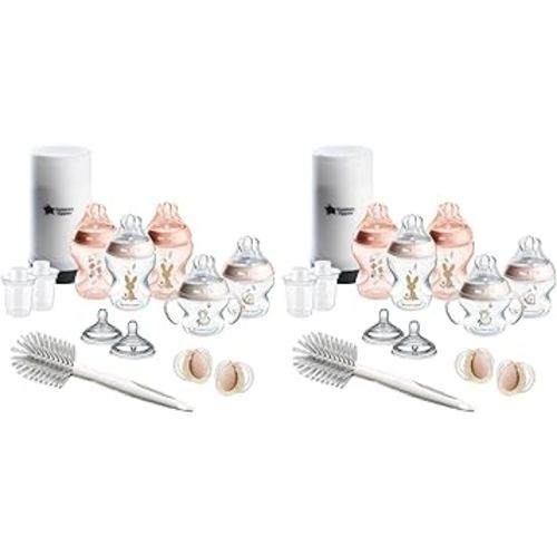 Tommee Tippee Natural Start Baby Bottle & Pacifier Set, 5 BPA Free Bottles, 0+ Months, 2 Newborn Pacifiers, Extra Nipples, Formula Dispensers, BottleBrush, Pink (Pack of 28)