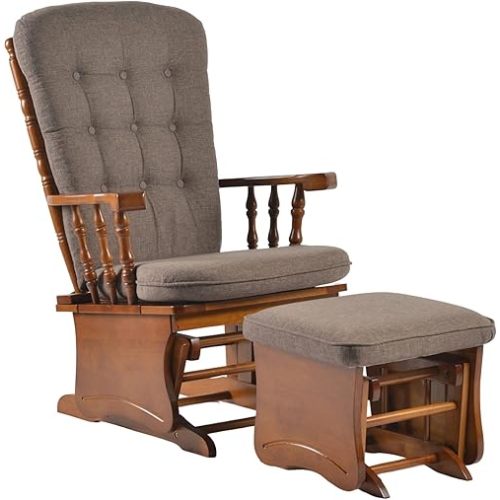Anti-Pinch Hand Glider Chair for Nursery with Ottoman, Resistant Rubber Wood Glider Rocking Chair Sets for Nursing, Relaxing, Living Room, Bedroom, Antique Brown