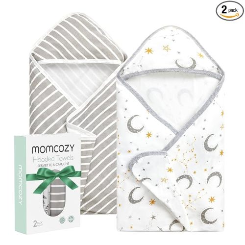 Momcozy Baby Hooded Towel, 2 Pack Cotton Bath Towel for Boy or Girl, Super Soft Baby Towel with Original Design, Shower Gifts for Newborn (28 X 28 Inch, Starry Sky)