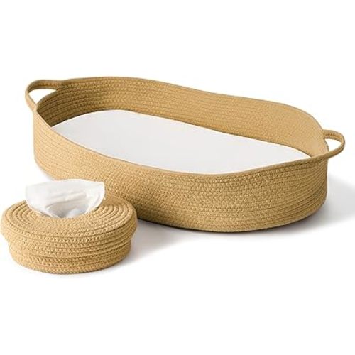 ECOADE Bundle: Baby Changing Basket with Cotton Rope Baby Wipes Dispenser - Baby Moses Basket Changing Table Topper with Baby Wipes Container with Refillable and Portable Wipes Case - Camel Color