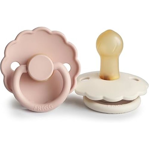 FRIGG Daisy Natural Rubber Baby Pacifier | Made in Denmark | BPA-Free (Blush/Cream, 0-6 Months) 2-Pack