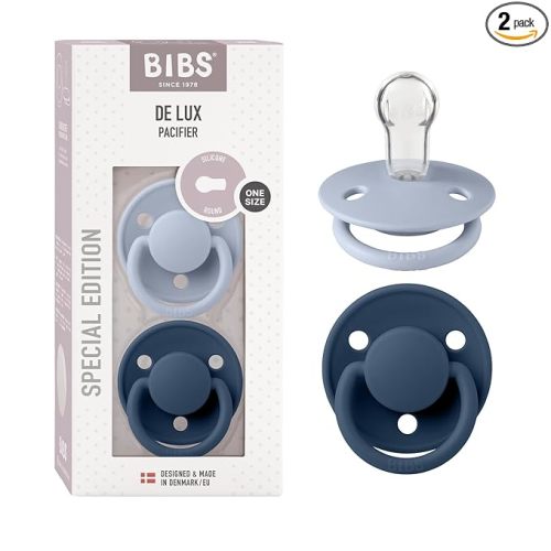 BIBS Pacifiers OneSize | 2-Pack Soothers | BPA-Free Symmetrical Nipple | Made in Denmark | Dusty Blue/Steel Blue De Lux Pacifier